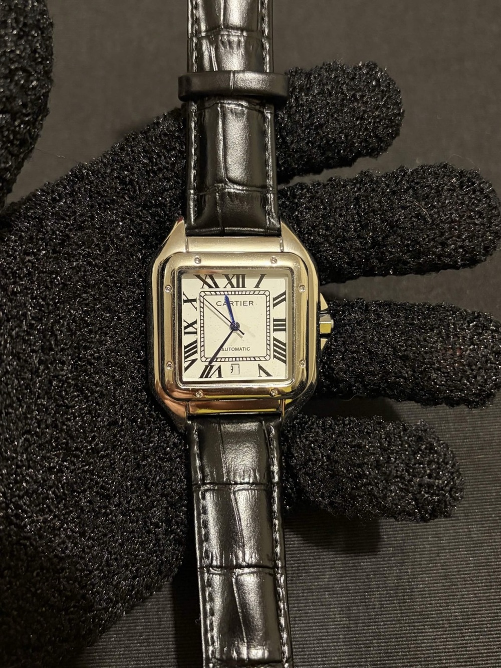 Cartier Silver Case White Dial Black Leather Strap Men's Watch